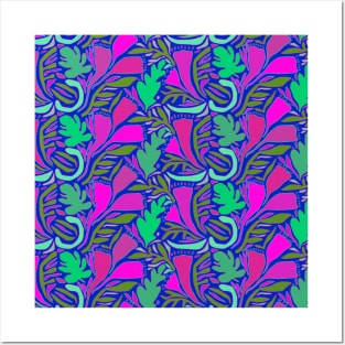 Tropical Block Print Flowers - Pink Navy Green Posters and Art